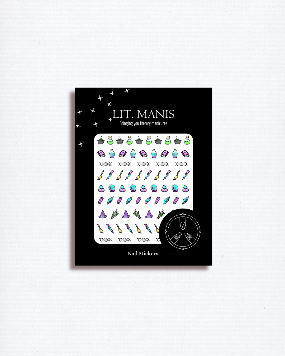 Nail stickers packaging with colorful witch theme designs on a white background